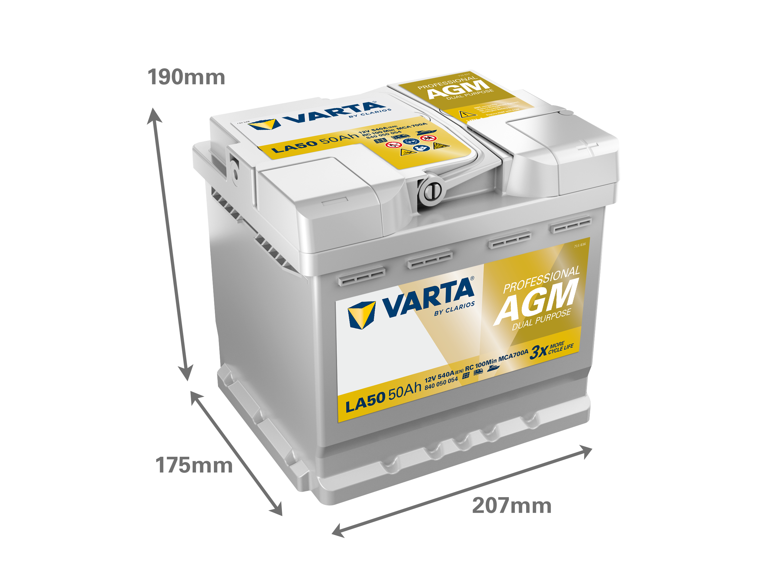 Maße der VARTA LA50 Batterie