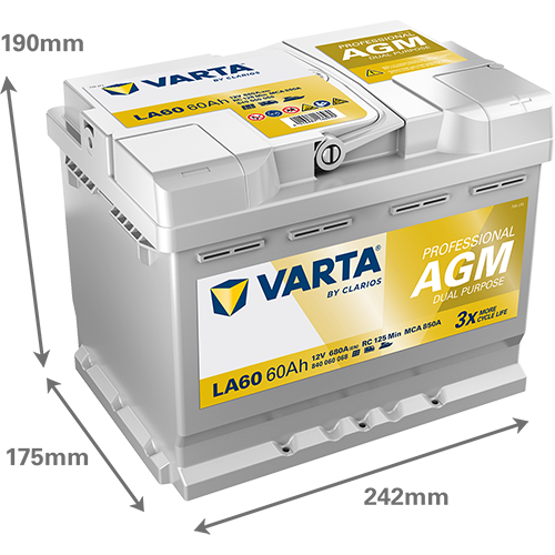 Maße der VARTA LA60 Batterie