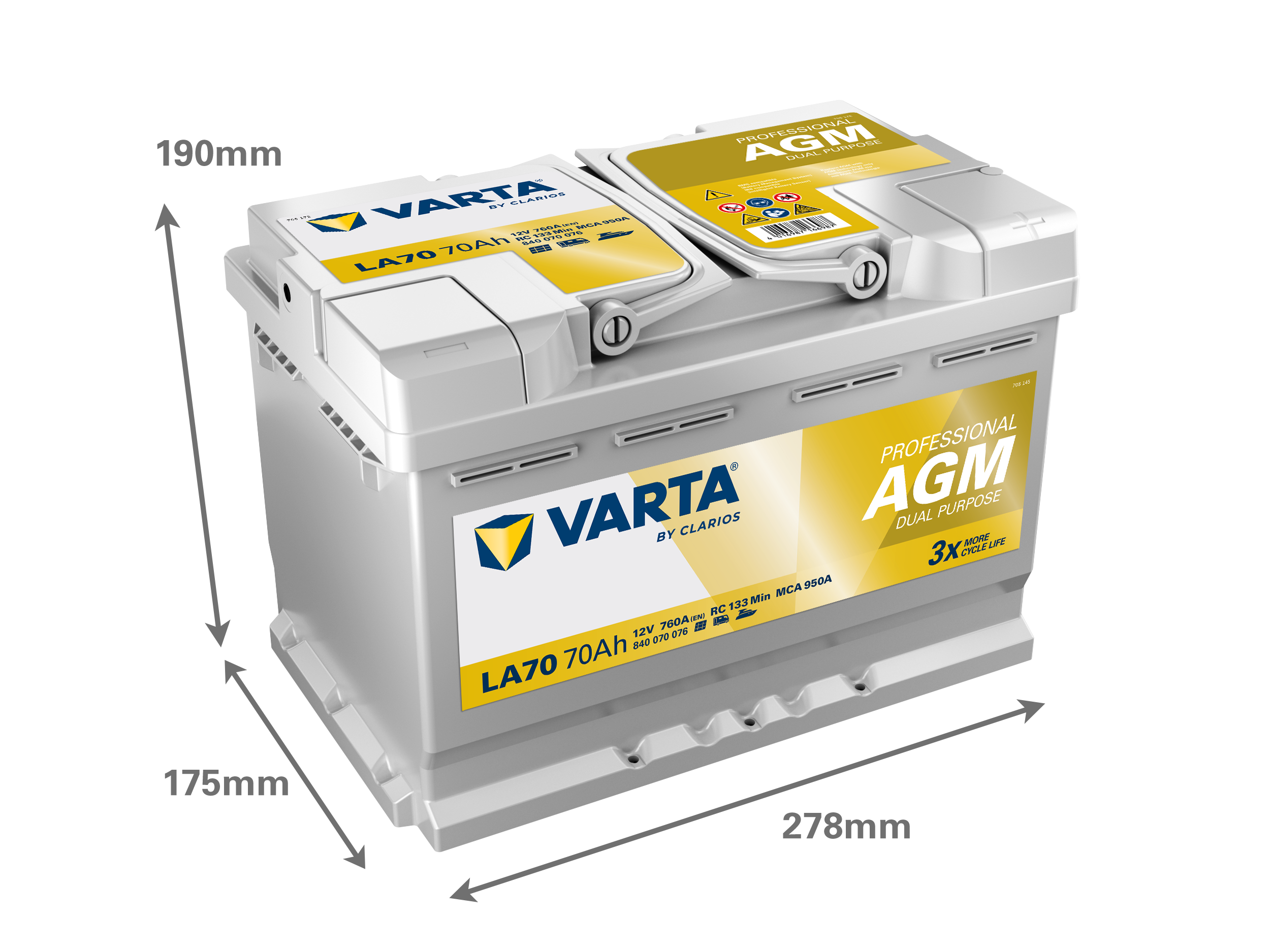 Dimensões da bateria VARTA LA70