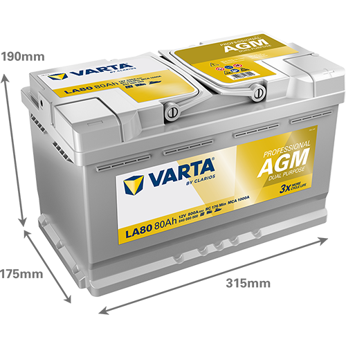 Maße der VARTA LA80 Batterie