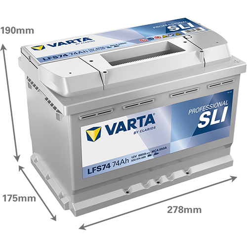 Maße der VARTA LFS74 Batterie